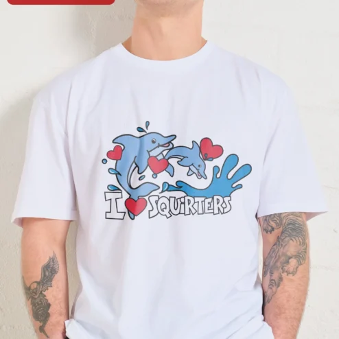 Close-up of I SQUIRTERS Funny Dolphin Graphic Tee Novelty Ocean Humor Shirt Gift for streetwear fans in Chicago, Illinois
