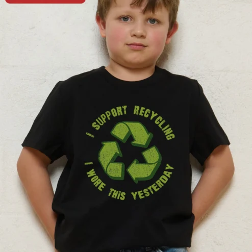 I Support Recycling I Wore This Yesterday Tee Funny Eco Humor Graphic Shirt for Kids on a hanger, ready to ship from Chicago, Illinois