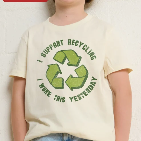 Customer in Chicago, Illinois wearing I Support Recycling I Wore This Yesterday Tee Funny Eco Humor Graphic Shirt for Kids
