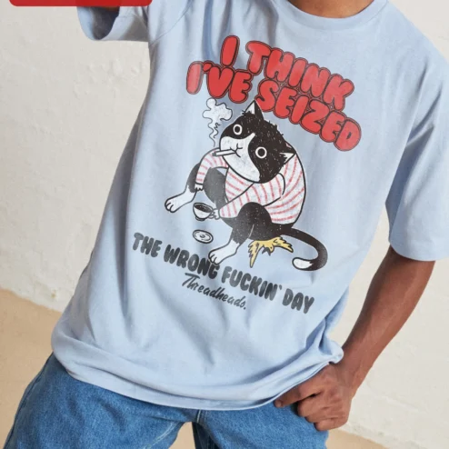 Customer in Chicago, Illinois wearing I Think I've Seized The Wrong Fuckin' Day Funny Cat Tee Gift for Men Women