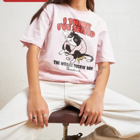 Close-up of I Think I've Seized The Wrong Fuckin' Day Funny Cat Tee Gift for Men Women for streetwear fans in Chicago, Illinois
