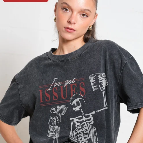 I've Got Issues Tee Skeleton Newspaper Graphic Acid Wash Vintage Grunge Shirt