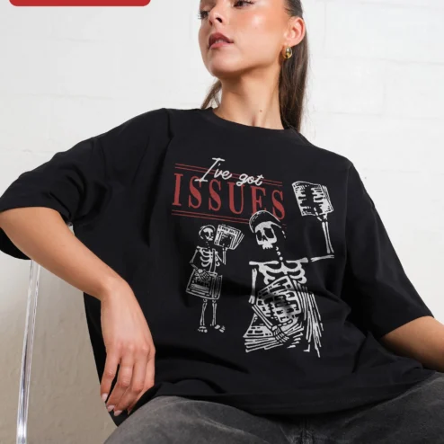I've Got Issues Tee Skeleton Newspaper Graphic Oversized Gothic Humor Shirt