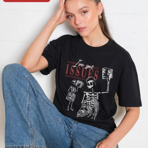 I've Got Issues Tee Skeleton Newspaper Graphic T-Shirt Gothic Humor Sarcastic Gift for Adults