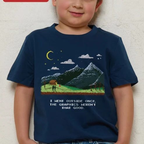 I Went Outside Once The Graphics Weren't That Good Retro Pixel Art Gamer Tee on a hanger, ready to ship from Chicago, Illinois