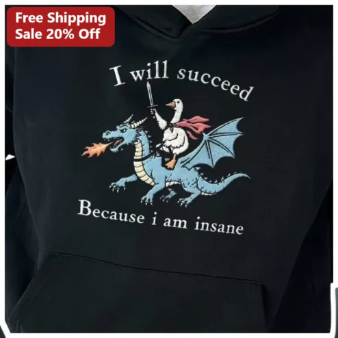I Will Succeed Because I Am Insane Hoodie Funny Goose Riding Dragon Meme Gift