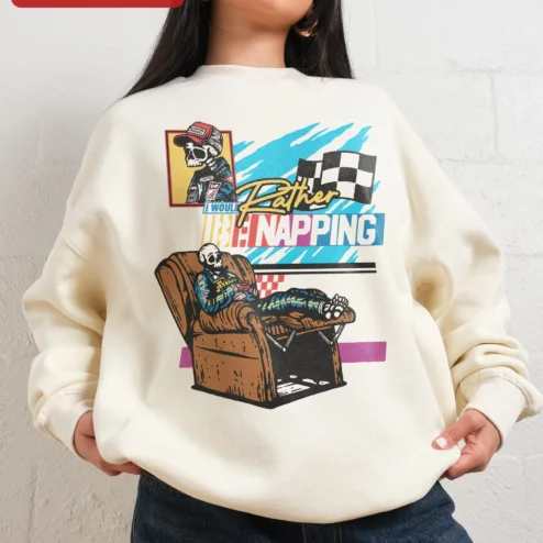 I Would Rather Be Napping Retro Skeleton Racing Sweatshirt Funny Nap Gift for Introverts on a hanger, ready to ship from Chicago, Illinois