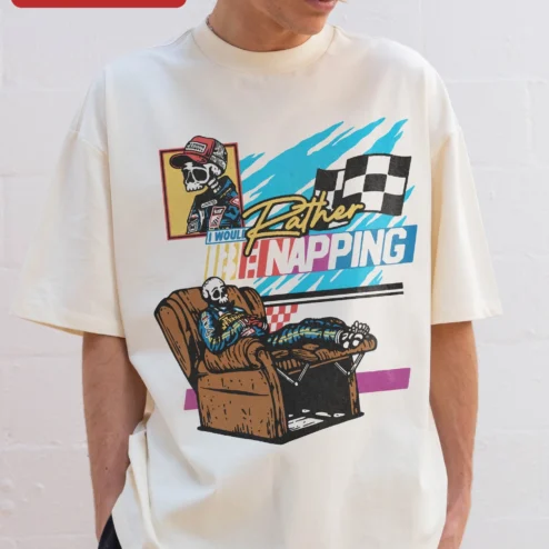 I Would Rather Be Napping Retro Skeleton Racing Tee Funny Nap Lover Gift for Introverts on a hanger, ready to ship from Chicago, Illinois