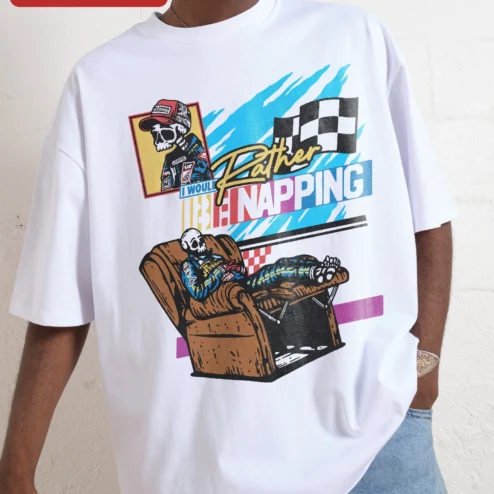 Customer in Chicago, Illinois wearing I Would Rather Be Napping Retro Skeleton Racing Tee Funny Nap Lover Gift for Introverts