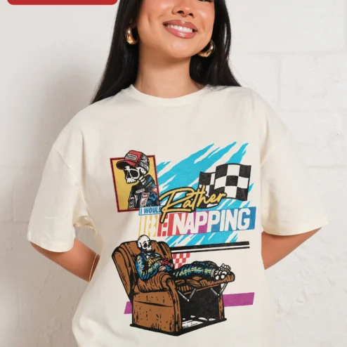 I Would Rather Be Napping Skeleton Racing Tee Funny Introvert Gift on a hanger, ready to ship from Chicago, Illinois