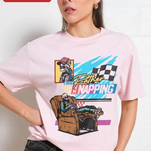 Customer in Chicago, Illinois wearing I Would Rather Be Napping Skeleton Racing Tee Funny Introvert Gift