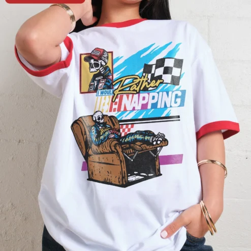 Close-up of I Would Rather Be Napping Skeleton Racing Tee Funny Introvert Gift for streetwear fans in Chicago, Illinois