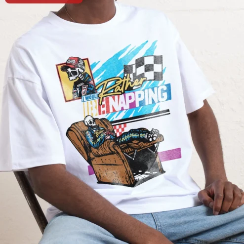 Customer in Chicago, Illinois wearing I Would Rather Be Napping Skeleton Racing Tee Funny Introvert Gift