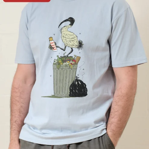 Customer in Chicago, Illinois wearing Ibis Eating Trash Funny Animal Illustration Tee Bin Chicken Meme Shirt for Bird Lovers