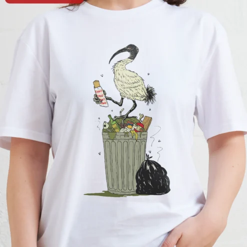 Ibis Eating Trash Funny Animal Illustration Tee Bin Chicken Meme Shirt for Bird Lovers