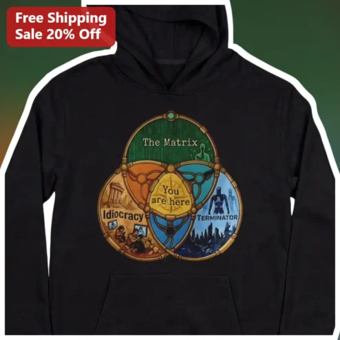 Idiocracy The Matrix Terminator Venn Diagram Hoodie Sci-Fi Satire Cult Classic Movie Merch Gift