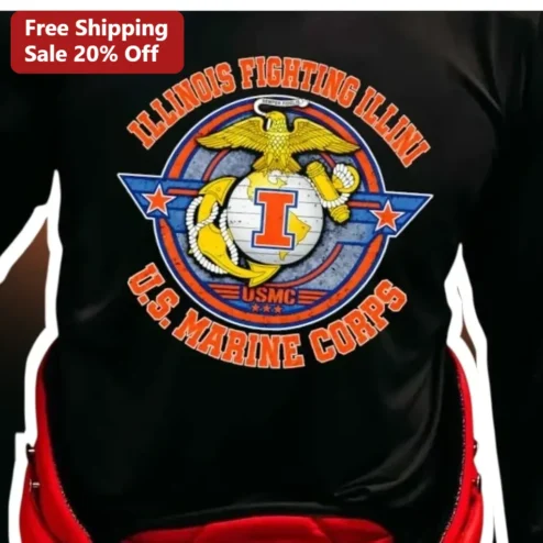 Illinois Fighting Illini US Marine Corps Distressed Vintage Graphic Tee for Men Women Military Veteran Gift