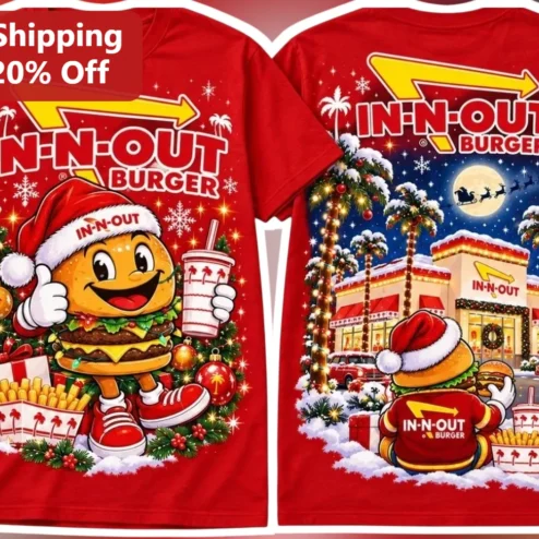 In-N-Out Burger Christmas Mascot Graphic Tee Retro California Holiday Gift