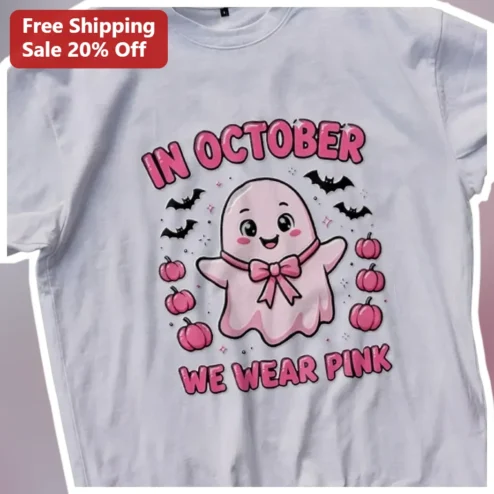 In October We Wear Pink Cute Ghost Halloween Breast Cancer Awareness Tee