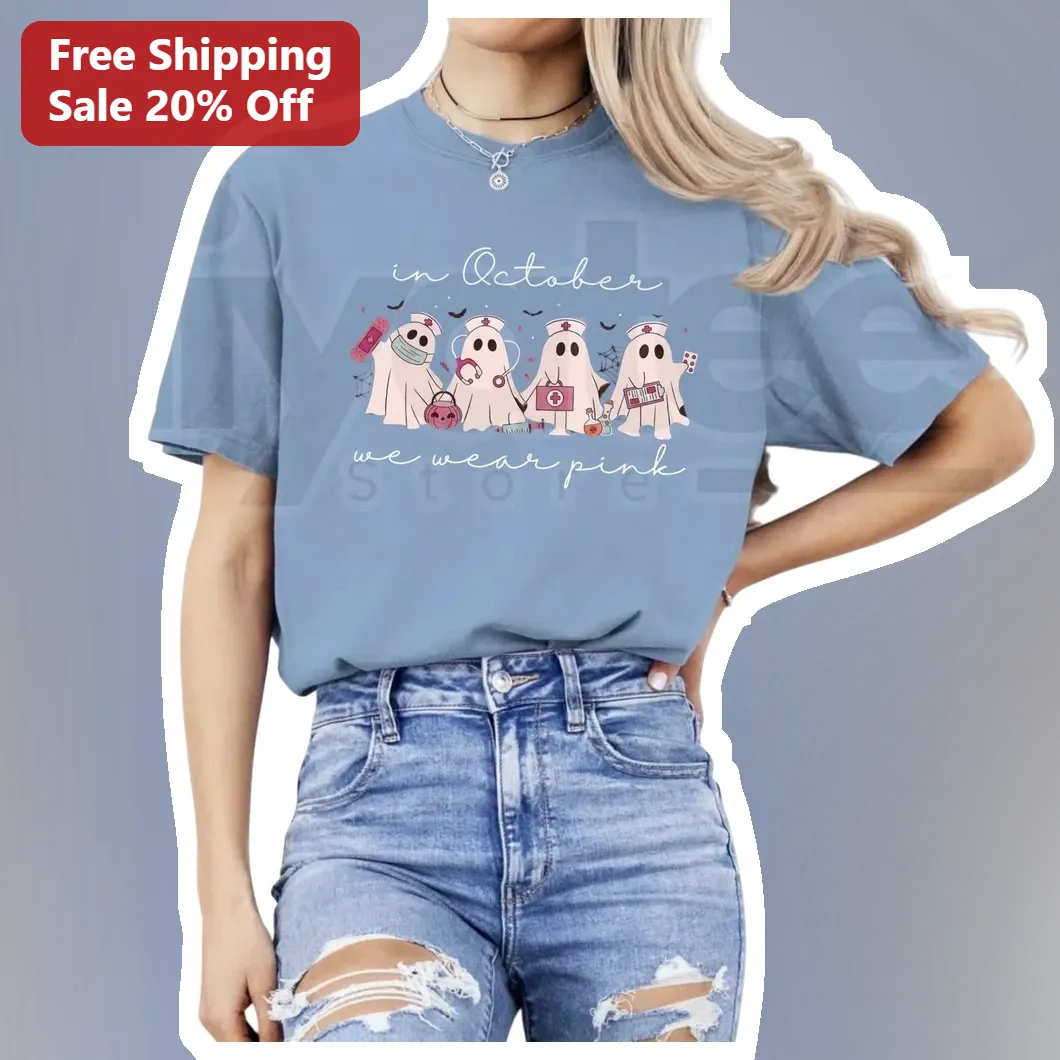 In October We Wear Pink Ghost Nurse Breast Cancer Awareness Tee Halloween Gift