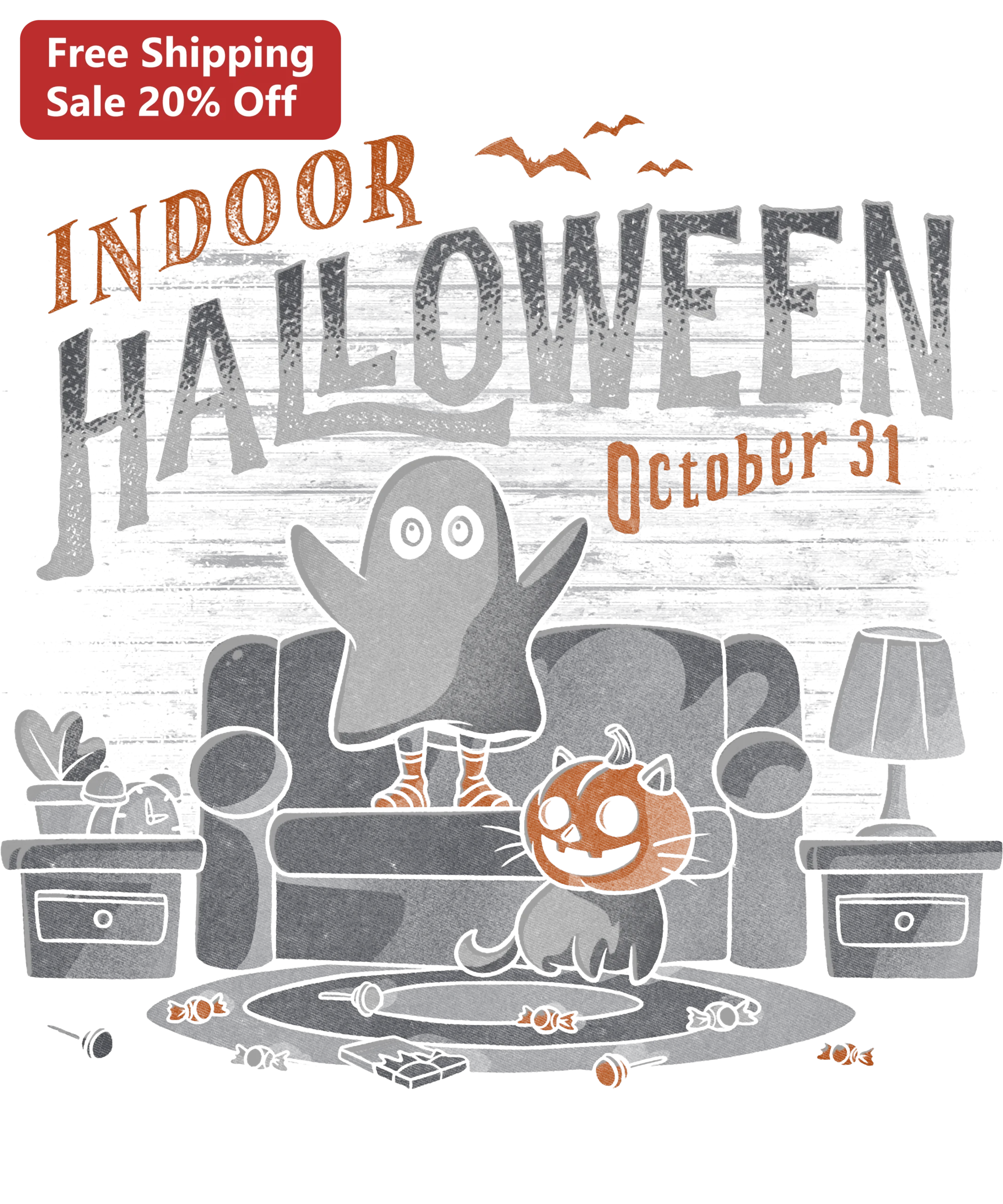 Indoor Halloween October 31 Tee Funny Ghost Cat Graphic Shirt for Women Men