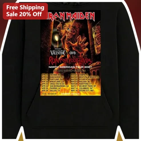 Iron Maiden Run For Your Lives North American Tour 2027 Eddie Graphic Hoodie Heavy Metal Band Merch