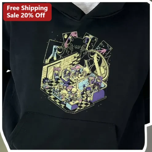 Isometric Anime Cafe Hoodie Black Pullover with Chibi Characters and Tarot Cards