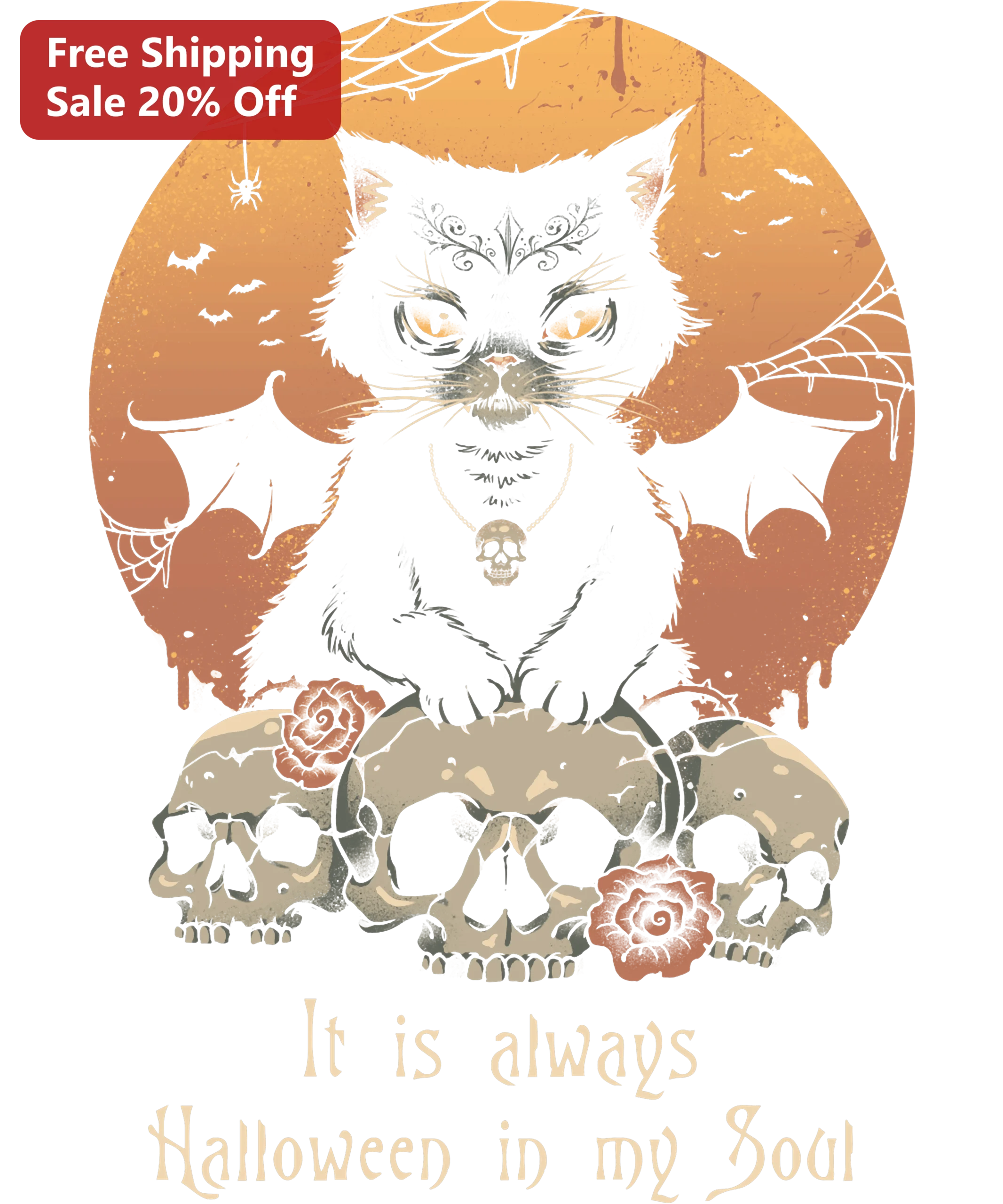 It Is Always Halloween In My Soul Tee Gothic Cat Bat Wings Skull Roses Graphic Shirt Gift for Halloween Lovers