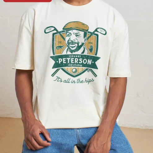 It's All in the Hips Funny Golf Caddyshack Bill Murray Vintage Crest Tee on a hanger, ready to ship from Chicago, Illinois
