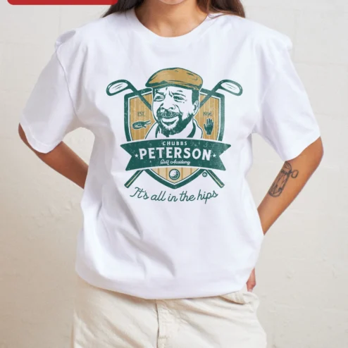 Close-up of It's All in the Hips Funny Golf Caddyshack Bill Murray Vintage Crest Tee for streetwear fans in Chicago, Illinois