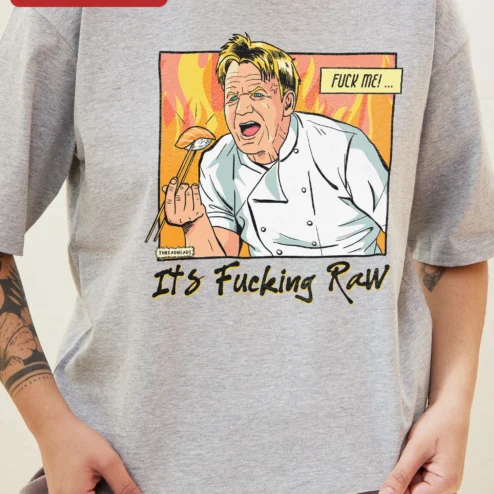 It's Fucking Raw Gordon Ramsay Quote Graphic Tee Funny Chef Shirt on a hanger, ready to ship from Chicago, Illinois