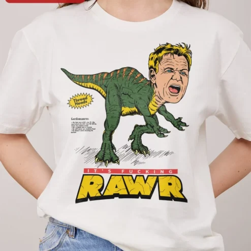 Close-up of It's Fucking Rawr Gordon Ramsay Meme Graphic Tee Funny Chef Humor Gift for Men for streetwear fans in Chicago, Illinois
