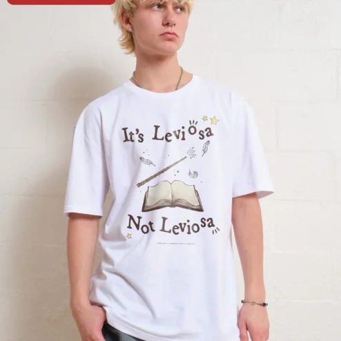 Customer in Chicago, Illinois wearing It's Leviösa Not Leviosa Tee Hermione Granger Wingardium Leviosa Quote Shirt for Harry Potter Fans
