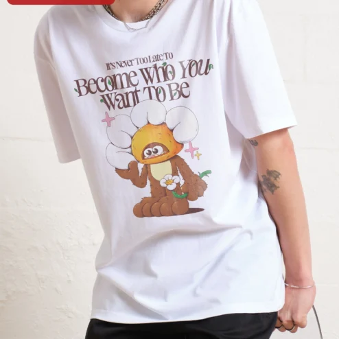 It's Never Too Late To Become Who You Want To Be Quote Tee Motivational Graphic Shirt for Women on a hanger, ready to ship from Chicago, Illinois