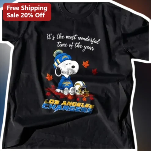 It's The Most Wonderful Time Of The Year Los Angeles Chargers Snoopy Christmas Tee