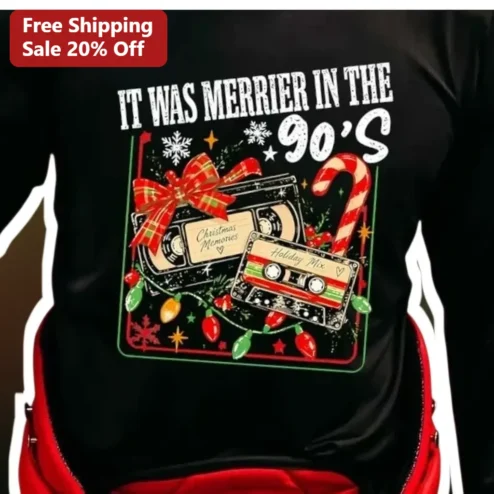 It Was Merrier In The 90's Long Sleeve Shirt Retro VHS Tape Christmas Nostalgia Gift For Millennials Gen X