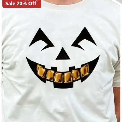 Jack O Lantern Gold Grillz Halloween Tee Spooky Hip Hop Pumpkin Graphic Shirt