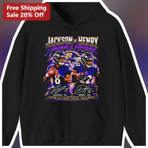 Jackson x Henry Purple Friday Baltimore Ravens Hoodie Lamar Jackson Derrick Henry NFL Fan Gear available at our Chicago, Illinois warehouse
