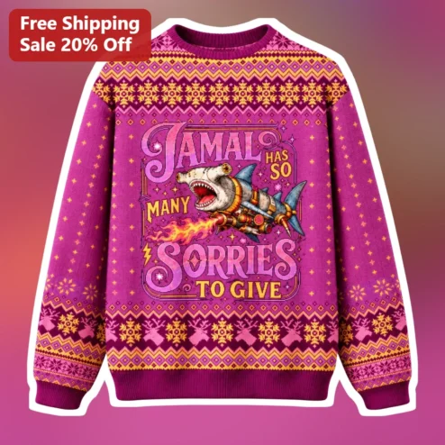 Jamal Has So Many Sorries To Give Sweater Funny Dungeon Crawler Carl Shark Christmas Ugly Knitwear Gift
