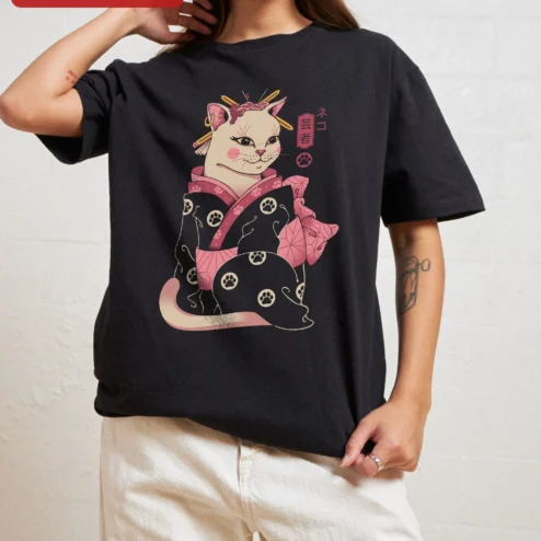 Japanese Cat Kimono Art Ukiyo-e Neko Geisha Graphic Tee Gift for Cat Lovers