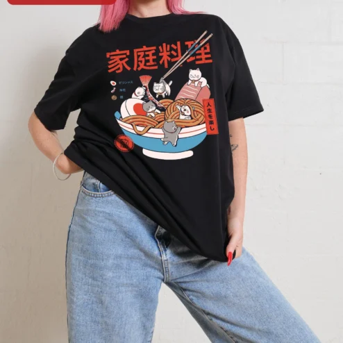 Japanese Home Cooking Ramen Cats Graphic Tee for Foodies