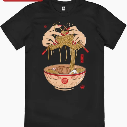 Japanese Ramen Noodle Art Tee Retro Manga Style Graphic Shirt for Foodies on a hanger, ready to ship from Chicago, Illinois