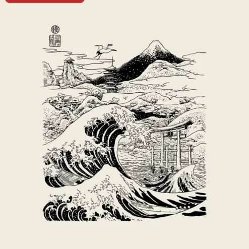 Japanese Ukiyo-e Landscape Line Art Tee Great Wave Mount Fuji Torii Gate Pagoda Crane Monochrome Ske on a hanger, ready to ship from Chicago, Illinois