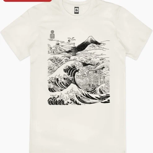 Customer in Chicago, Illinois wearing Japanese Ukiyo-e Landscape Line Art Tee Great Wave Mount Fuji Torii Gate Pagoda Crane Monochrome Ske