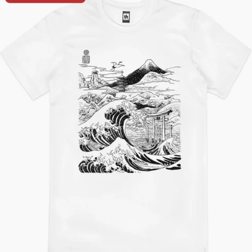 Close-up of Japanese Ukiyo-e Landscape Line Art Tee Great Wave Mount Fuji Torii Gate Pagoda Crane Monochrome Ske for streetwear fans in Chicago, Illinois
