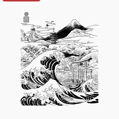 Japanese Ukiyo-e Landscape Line Art Tee Great Wave Mount Fuji Torii Gate Pagoda Crane Monochrome Sketch Shirt