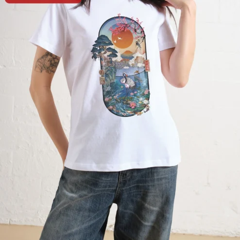 Japanese Zen Landscape Art Tee Mount Fuji Cherry Blossom Crane Design on a hanger, ready to ship from Chicago, Illinois