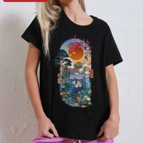 Japanese Zen Landscape Art Tee Mount Fuji Cherry Blossom Crane Design