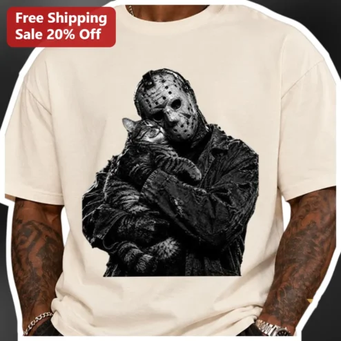 Jason Voorhees Tee Vintage Friday the 13th Horror Graphic Shirt with Cat