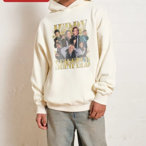 Jerry Seinfeld Hoodie Vintage 90s Sitcom Comedian Graphic Pullover for Fans on a hanger, ready to ship from Chicago, Illinois